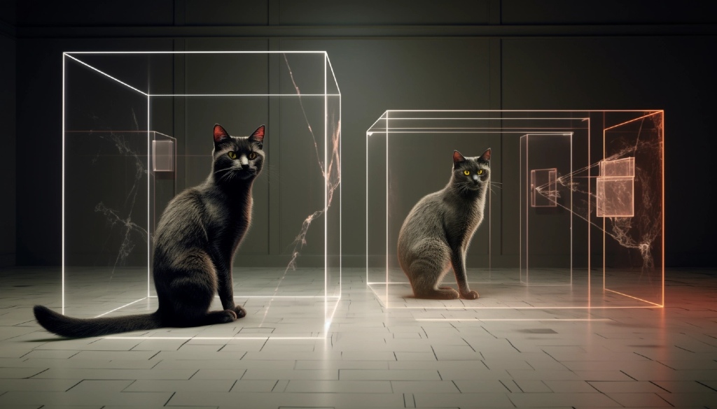Kot Schrödingera w superpozycji oczami AI.